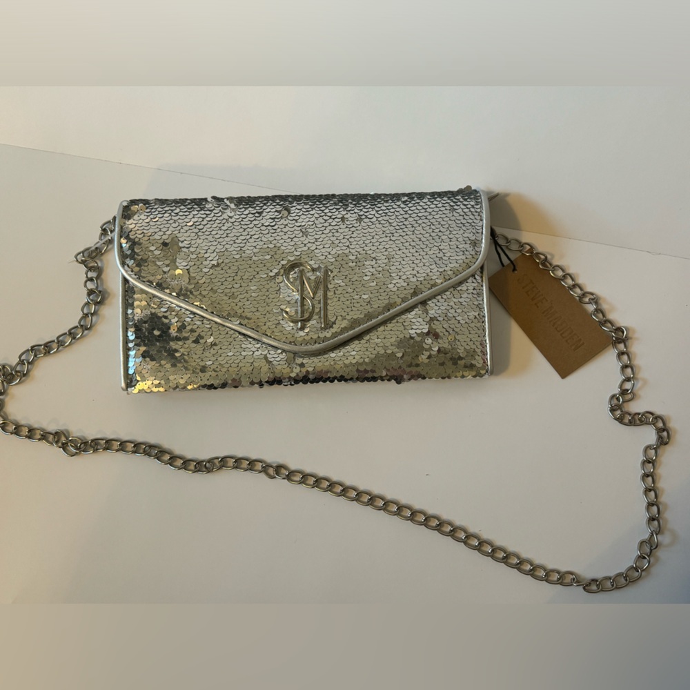 NWT STEVE MADDEN Glam party Sequin Clutch Silver‎ Shoulder Crossbody Bag